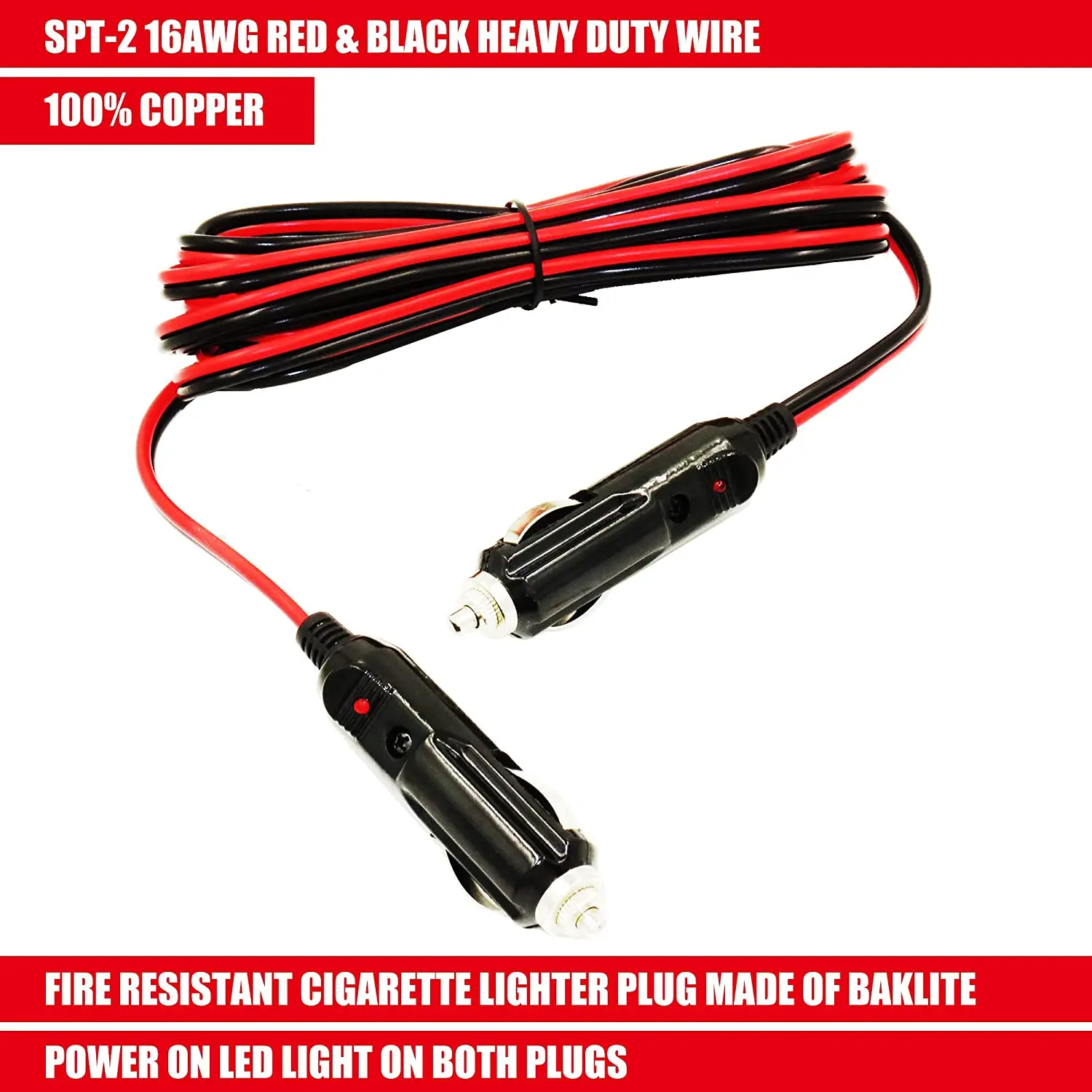 12v 15a Heavy Duty Male To Male Cigarette Plug Cigarette Lighter Adapter Charger Cord With Led 8072