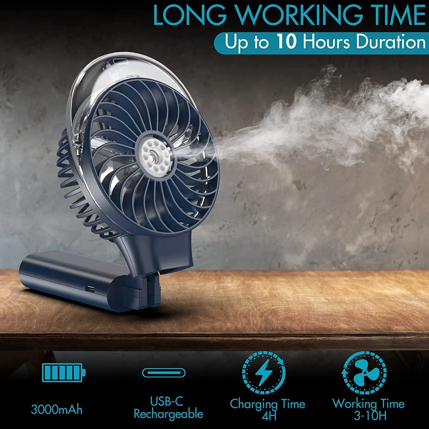 Portable Handheld Misting Fan 3000mah Rechargeable Up To 10h Cooling