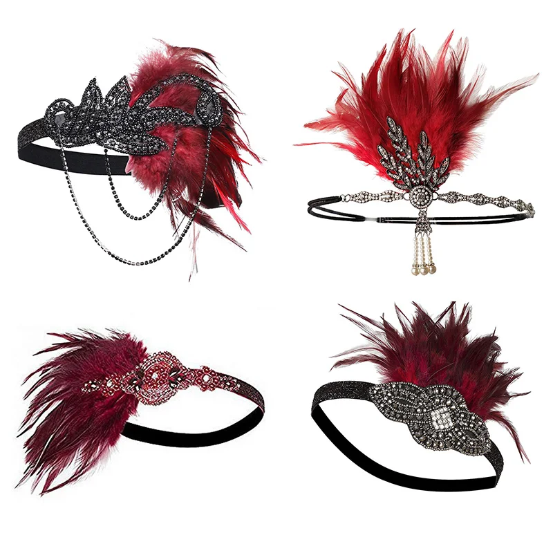 20s Headband Feather Black Red Bridal 1920s Gatsby Flapper Headpiece Gangster 