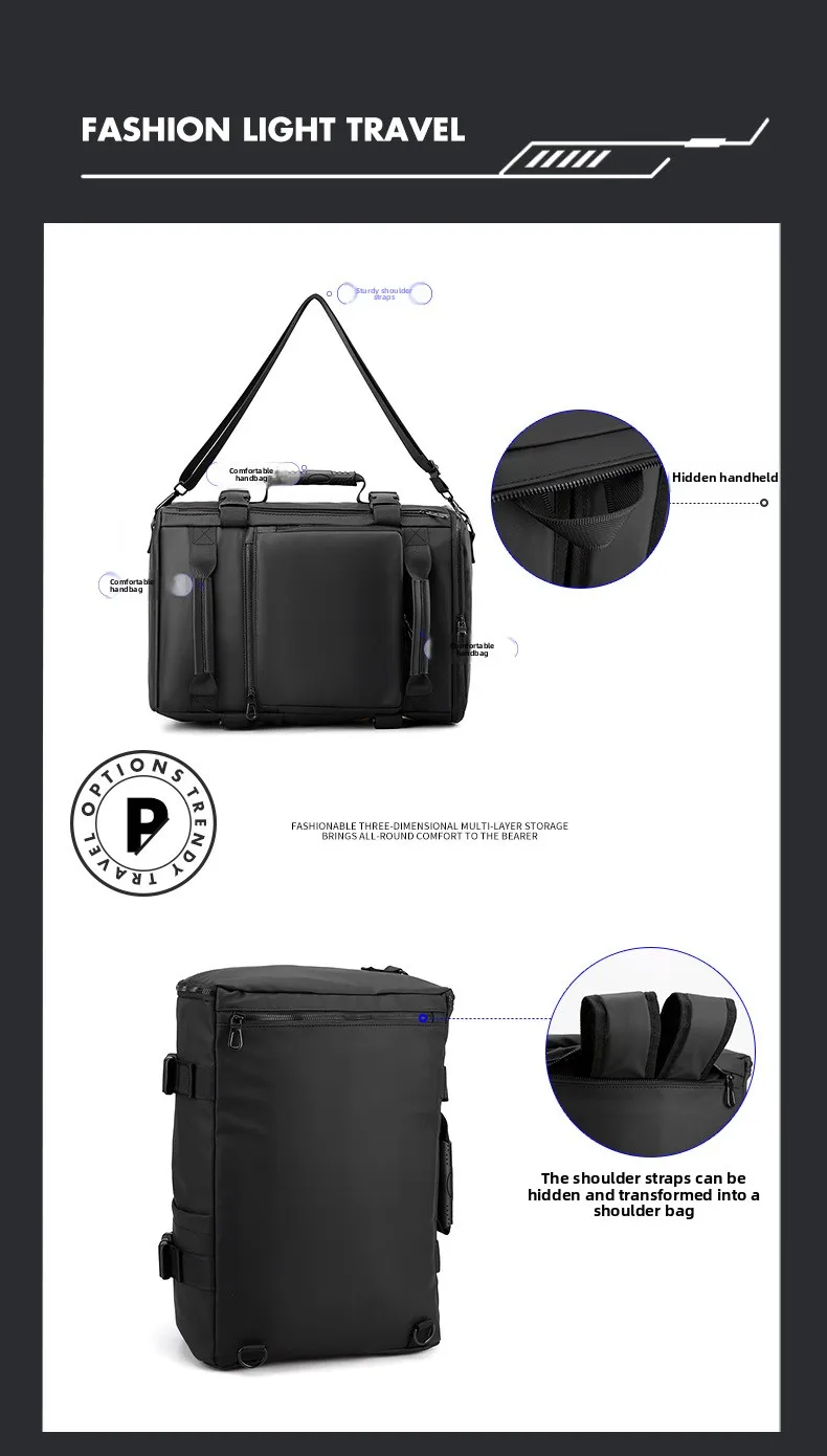 Men's Large Capacity Waterproof GPS Backpack Multifunctional PU Laptop Bag Zipper Handheld Business Travel Crossbody Polyester