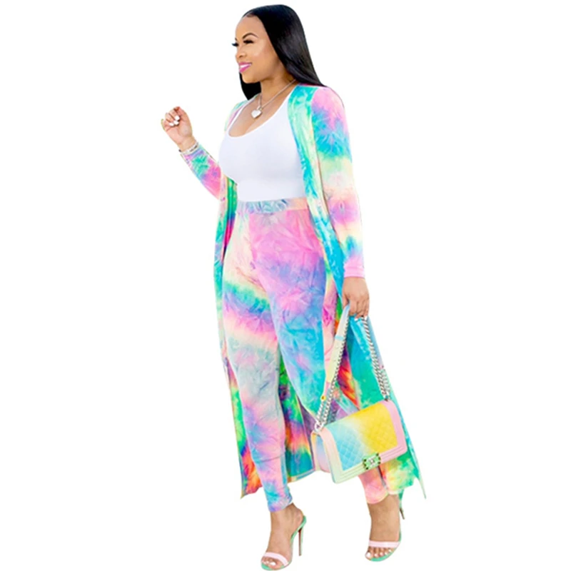 
Spring Fall Rainbow Color Bandhnu 2 Pieces Plus Size Casual Ladies Clothing Coat and Pants Women Suit 