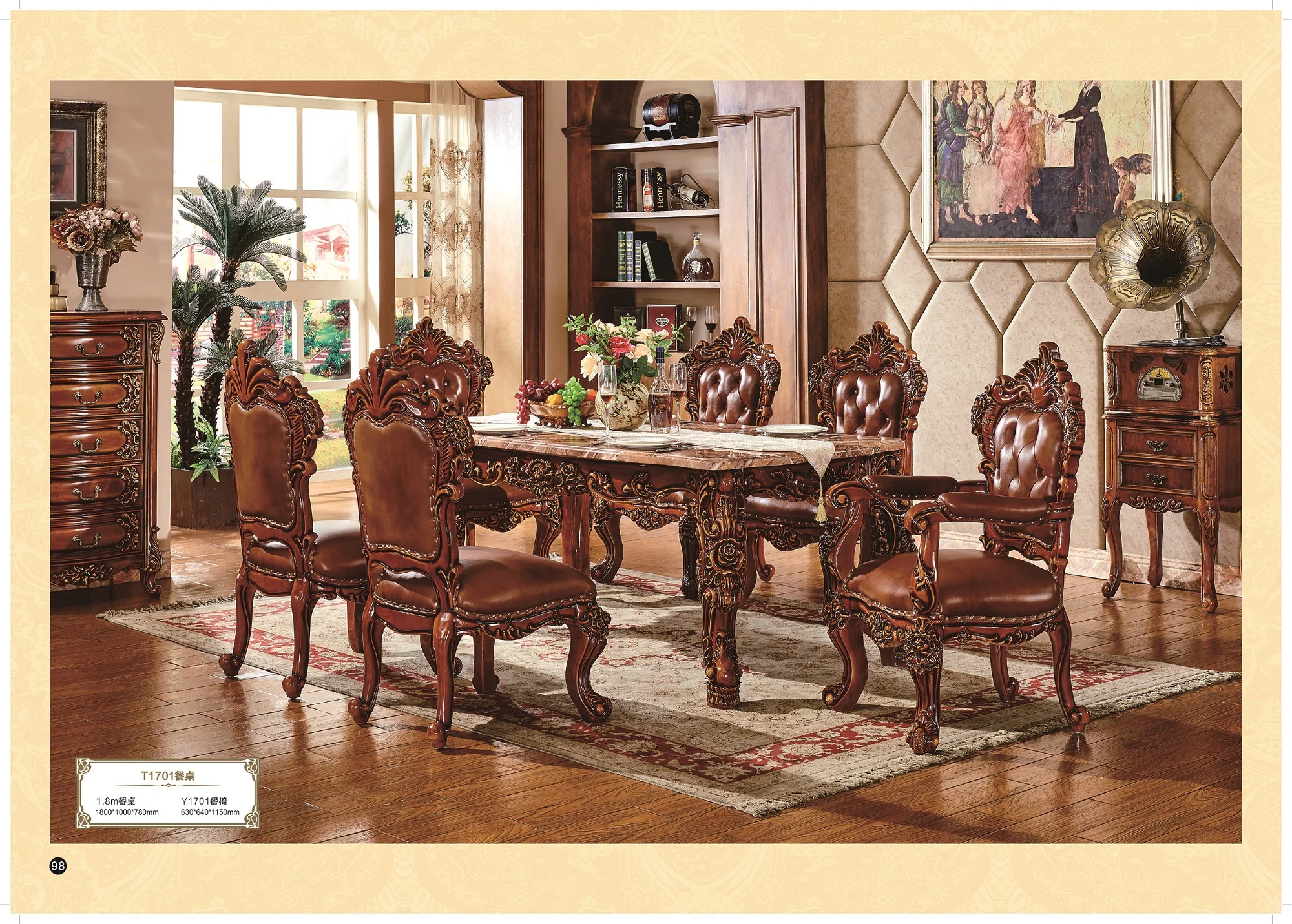 European Antique Style Dining Room Sets Marble Top Wood Dining Table