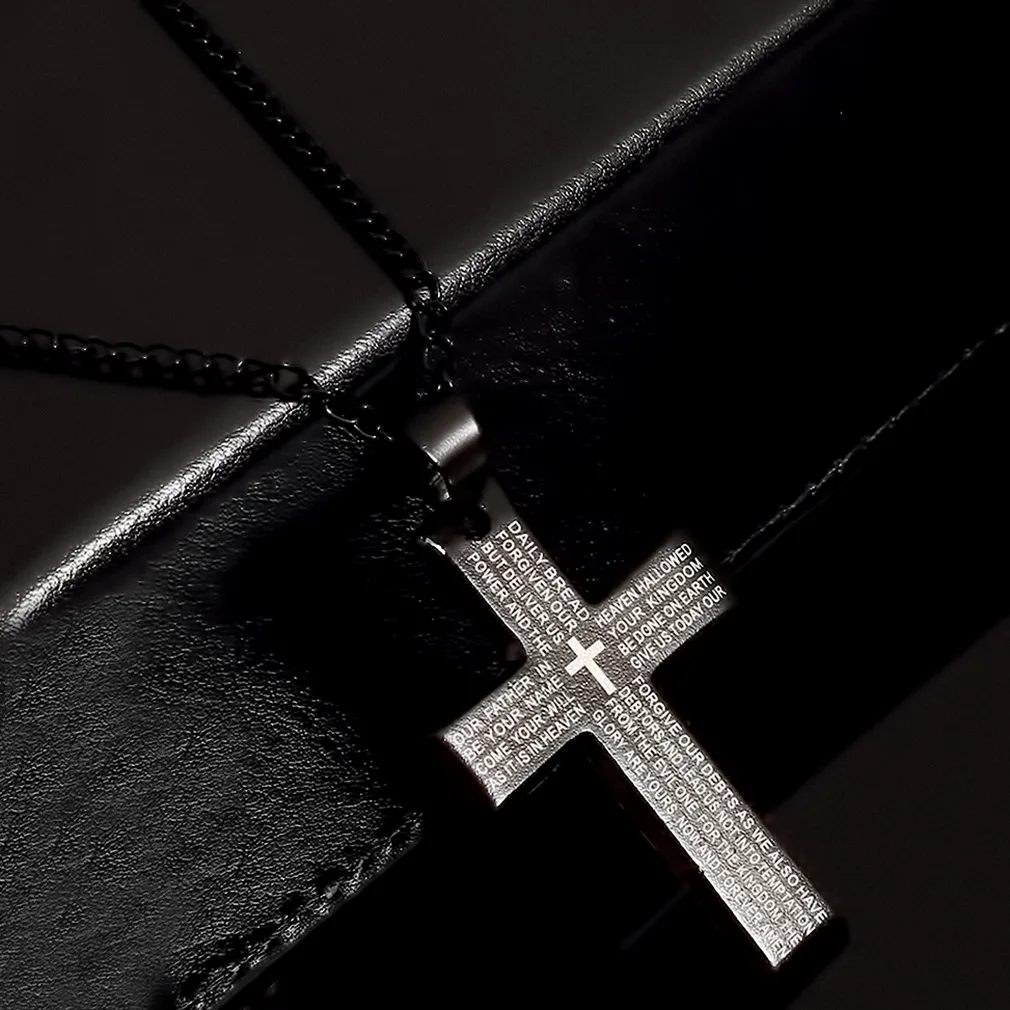 基督教宗教珠宝黑色镀十字吊坠形状不锈钢圣经经文基督教祈祷项链为