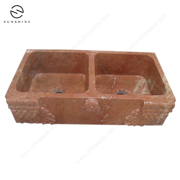 Factory Direct Price Rojo Alicante Red Marble Stone Double Bowl Kitchen Sink
