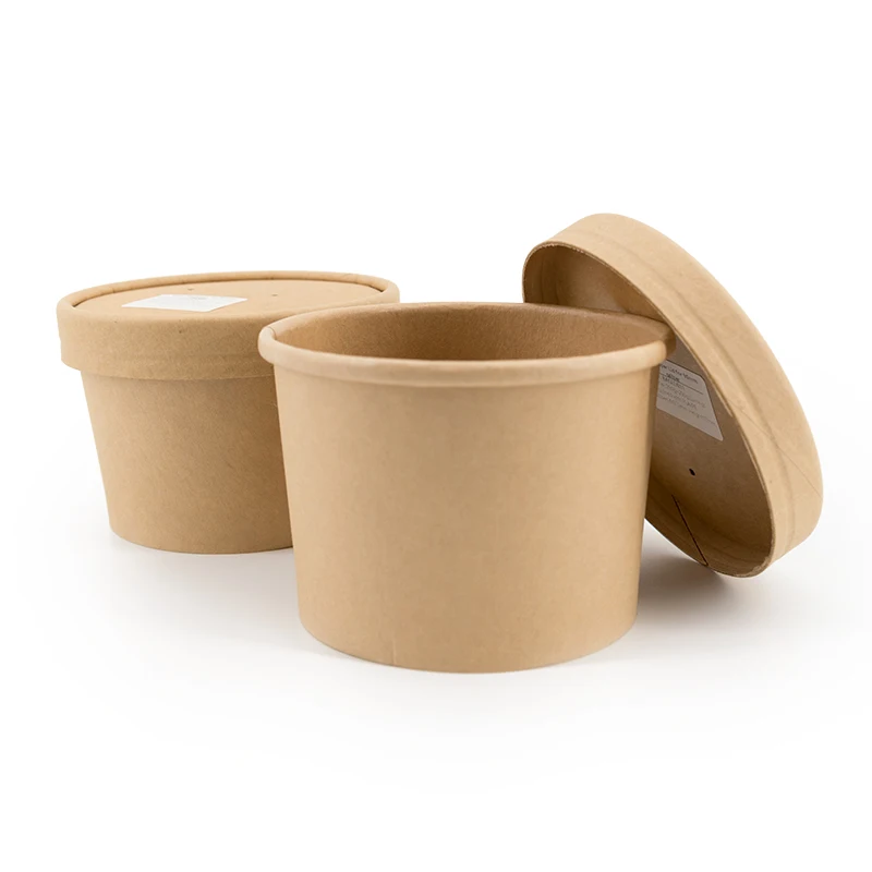 8 Oz. Disposable Brown Paper Soup Containers With Plastic Lids 