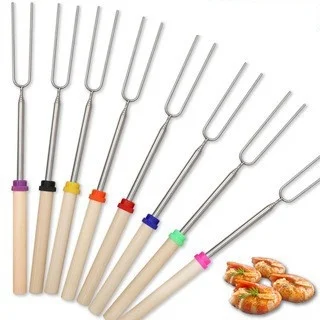 BBQ Festival Korean Outdoor Stainless Steel Polished Telescopic Barbecue Fork U-Shaped Wooden Handle Stick Skewers Portable supplier