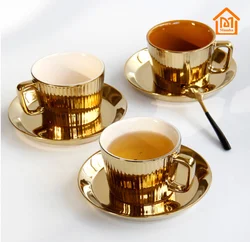 European Luxury Electroplated Gold ceramic Coffee Cup With Plates and Tableware Porcelain Mmugs Mug Cups Custom Mug