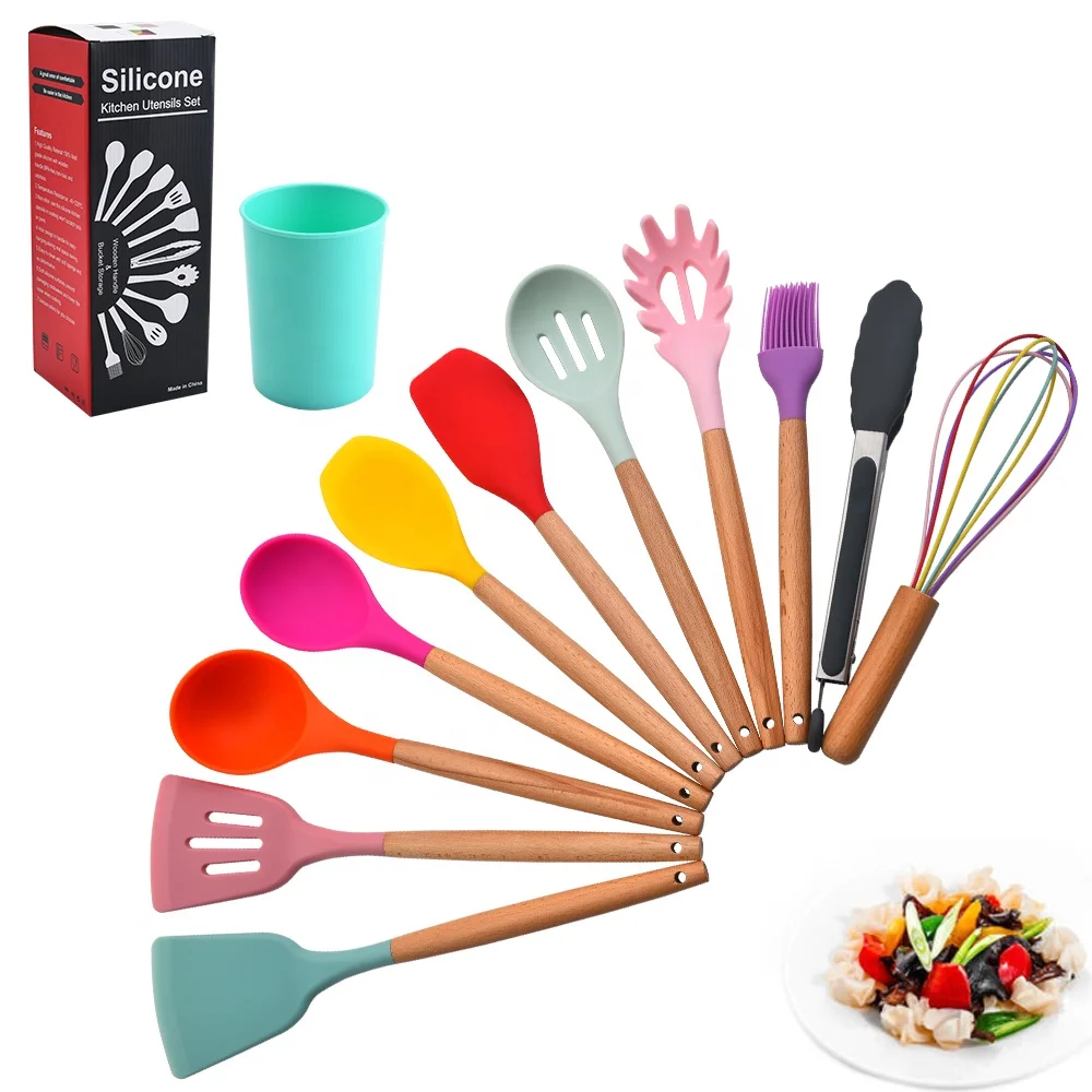 
Colorful Silicone Kitchen Utensils 12 pcs wood handle Cooking Nonstick Cookware with Spatula Set 