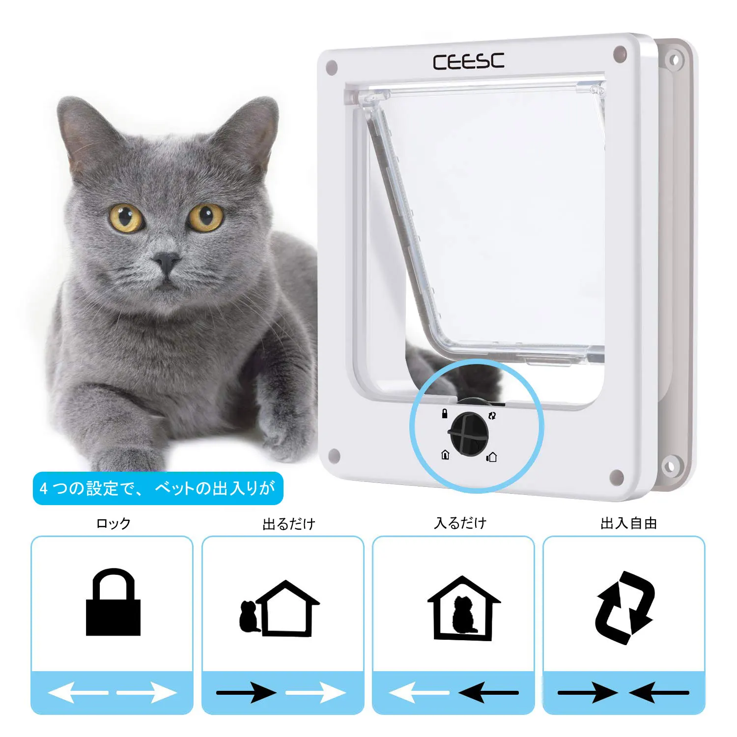 CEESC Cat Doors Medium, Black Kitties and Kittens Magnetic Pet Door with Rotary 4 Way Lock for Cats