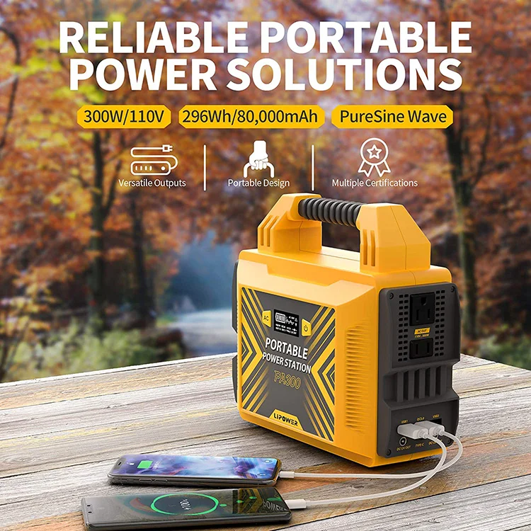 Portable Power Station 300W PD 45W Output with 300W/110V Pure Sine Wave AC Outlet LIPOWER 296Wh/80000mAh Solar Power Generator USB QC3.0 LED Light for Outdoor Camping CPAP Backup Battery Supply 