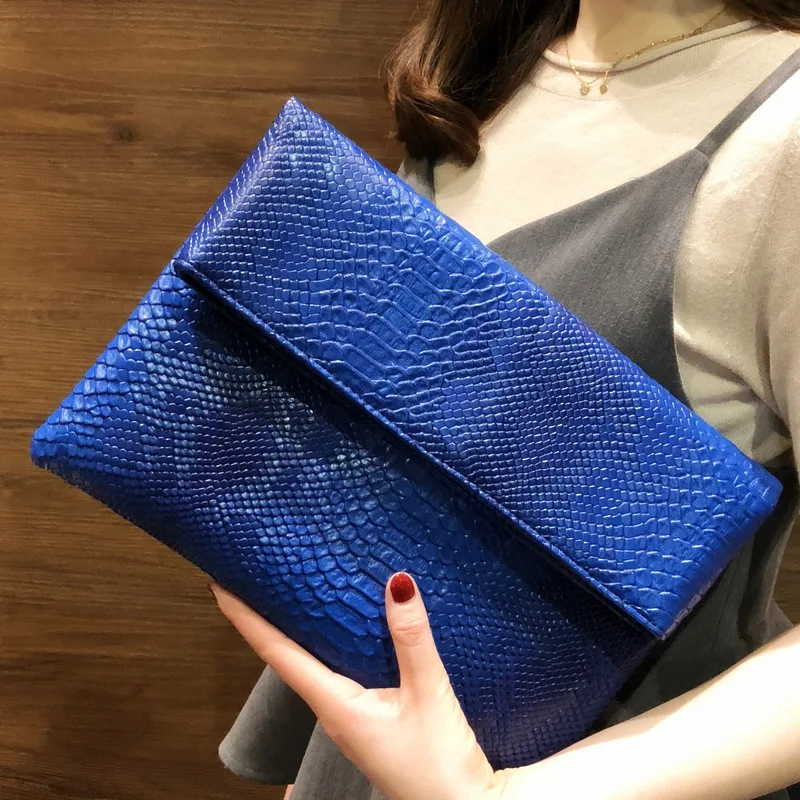 Glazed Leather Designer Clutch Handbag Snakeskin Foldover Envelope