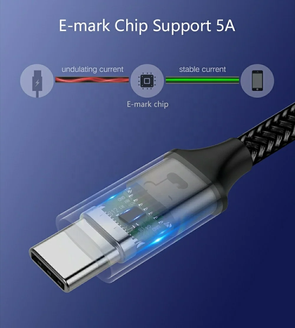 Factory Price Emark Chip Braided 6ft Charging Cable Usb 3.2 Gen2 100w