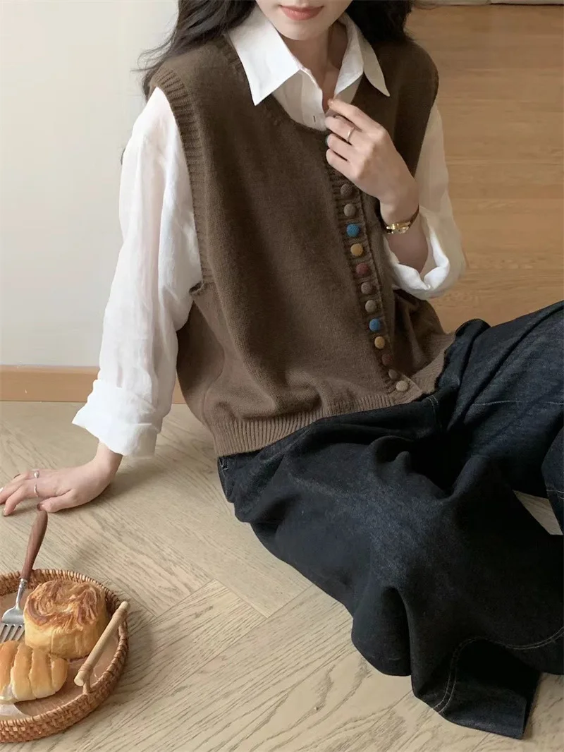 Colorful Button Knitted Casual Eco-Friendly Vest for Women Artistic Retro Soft Neck Layered Cardigan Outerwear