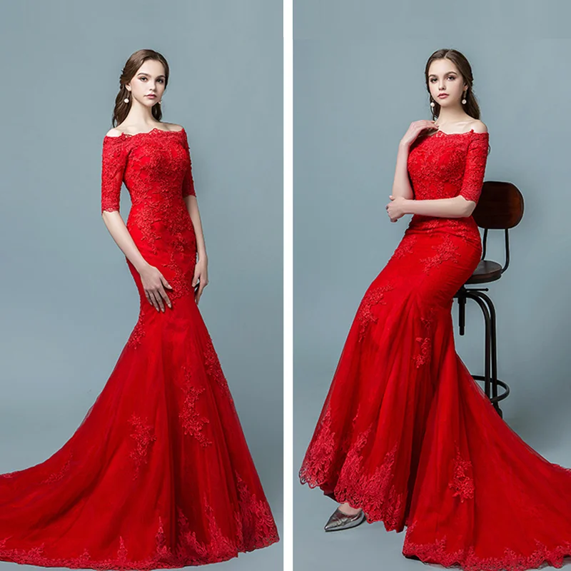 Custom Long Boat Neck Trailing Wedding Dresses Red Lace Floral Appliques Sleeveless Mermaid Bridal Dress