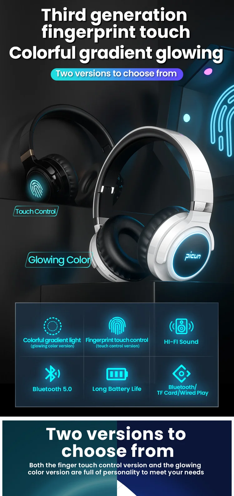 Picun B26 Foldable Headband Built In Microphone Bluetooth Headset LED Light Glowing Headphone - ANKUX.COM