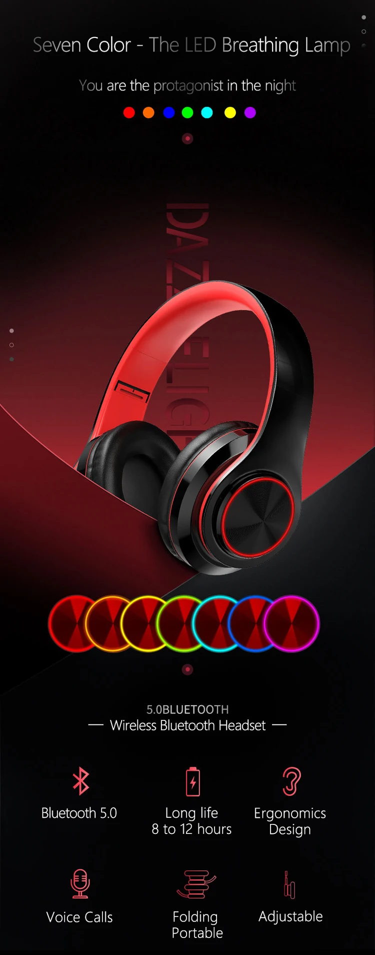 Amazon Hot Sale Wireless B39 Colorful Light Headphones BT 5.0 Headset HIFI Stereo Earphone Gaming Earbud Headphone