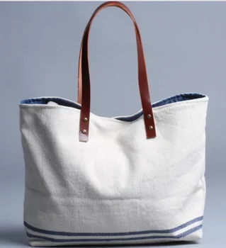 Hot Sale New Design Cotton White Blank Canvas Tote Bag With Leather ...