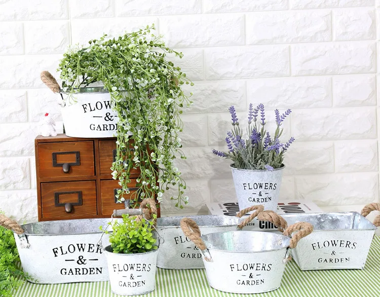 Pastoral Iron Hemp Rope Handle Hanging Bucket Indoor  Decoration Retro Flower Pots in Bulk