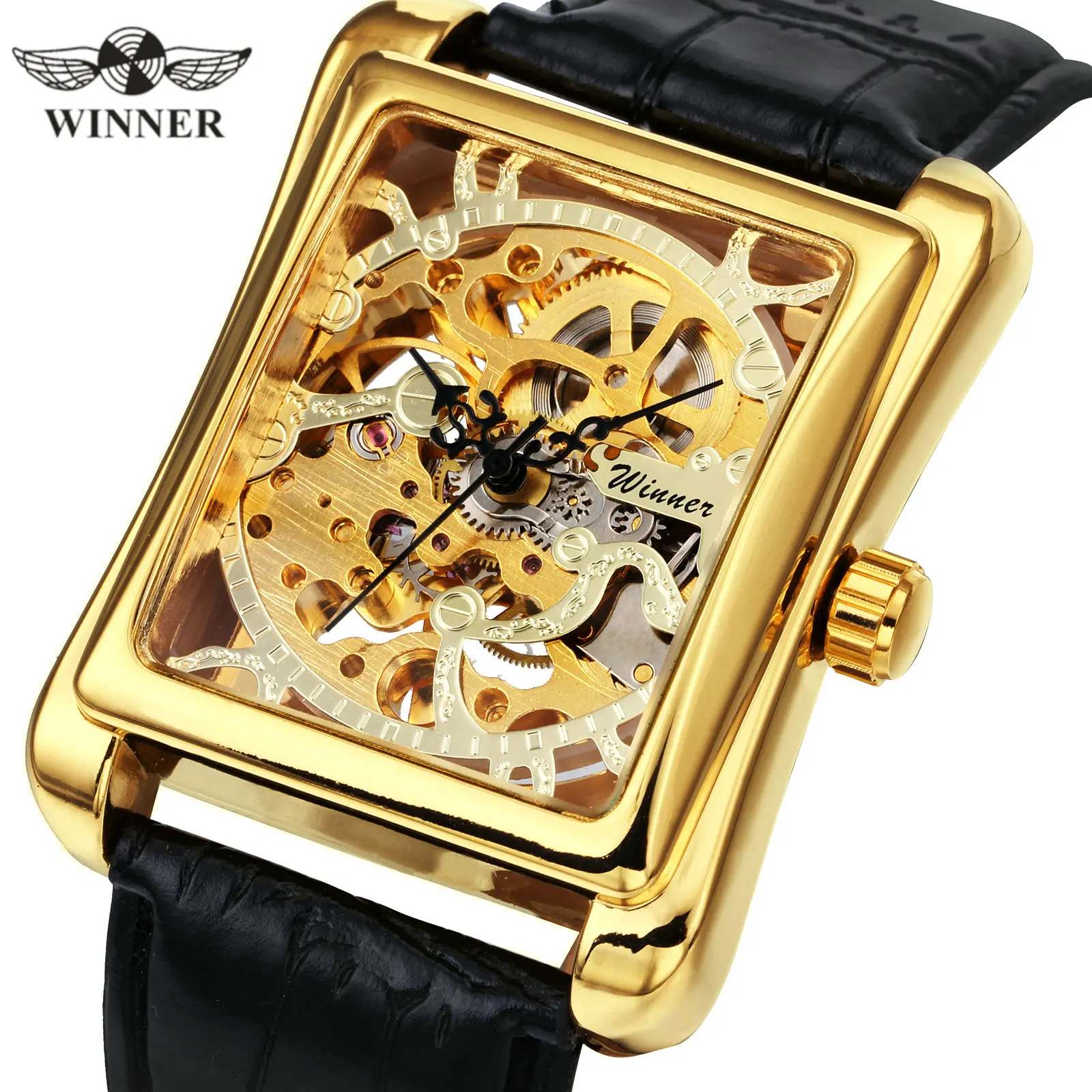 winner官方优雅女士手表品牌奢华机械女士手表皮革表带金色骷髅复古
