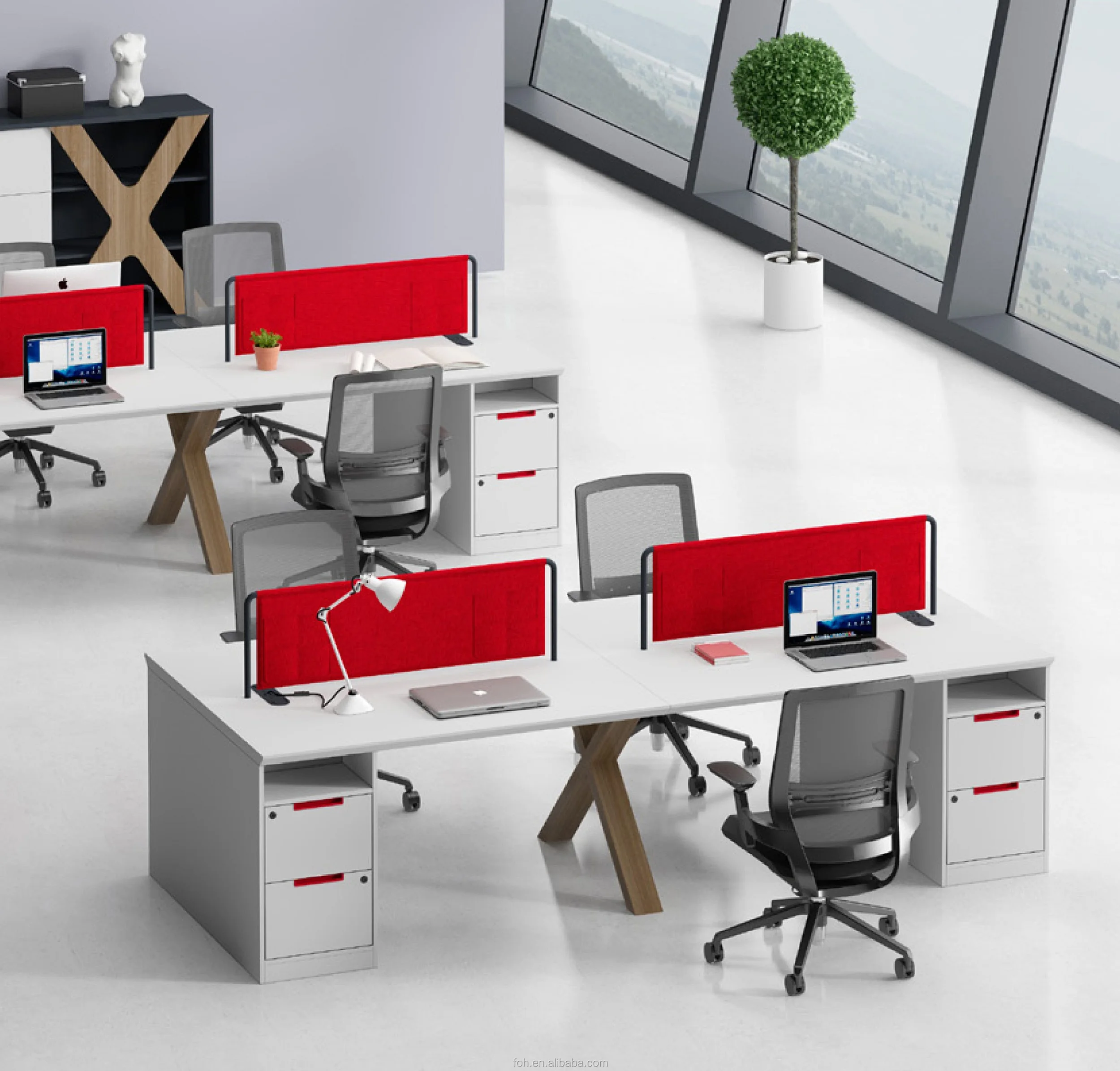 White Retangelar Long Table Office Workstation For 6 Person With Desk