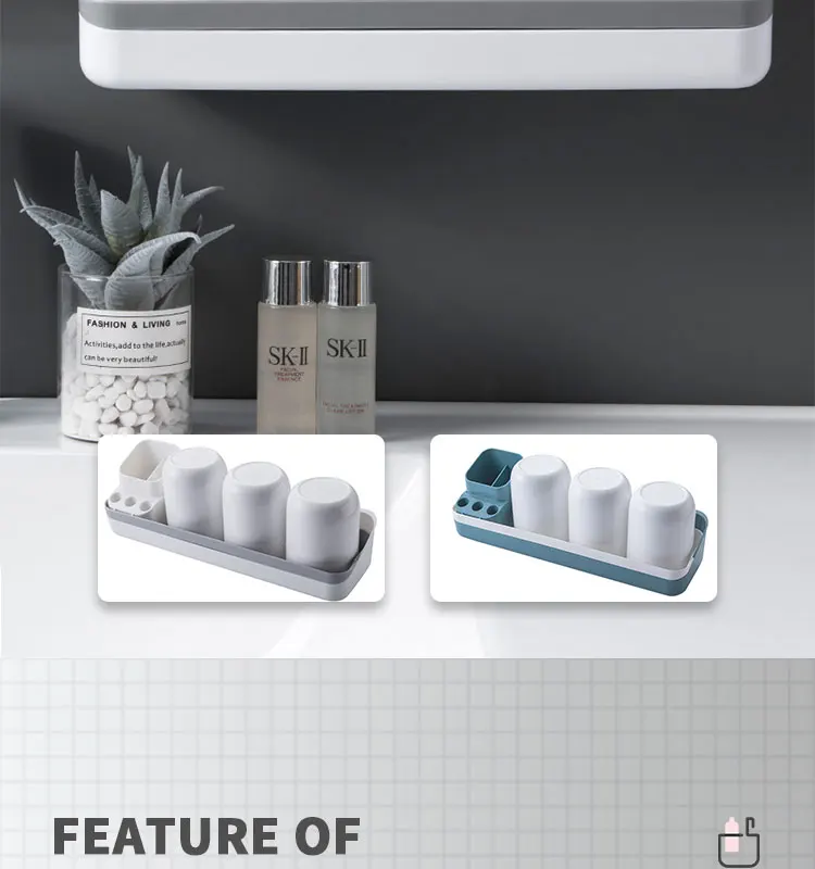 تصميم جديد للحمام مثبت على الحائط مجموعة بلاستيكية مكونة من ثلاثة حامل فرشاة أسنان مع كوب لعائلة