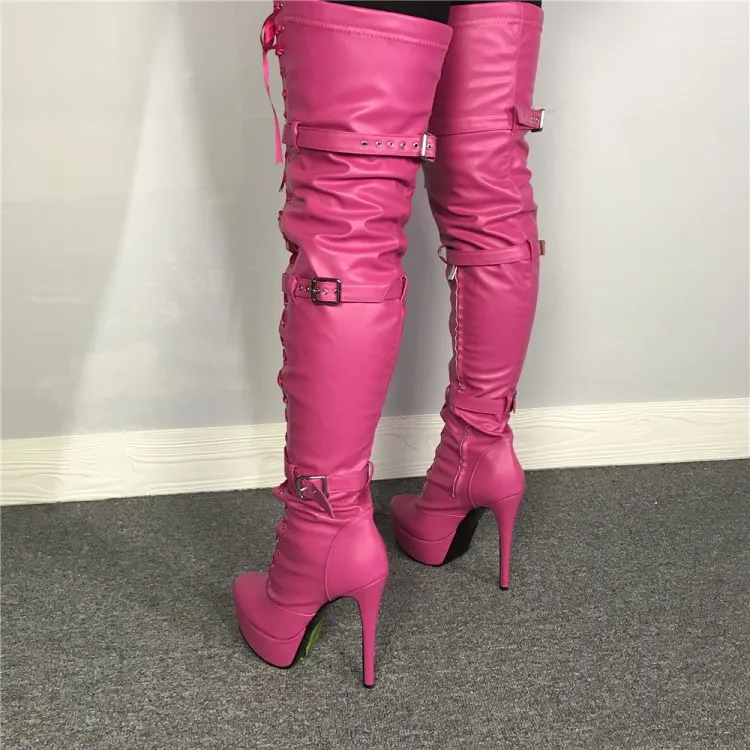 New Pink Lace Up Thigh High Boots Over Knee High Heel Platform Boots Women Shoes  Boots - Buy Women Shoes Boots,High Heels Boots With Shoe Lace,Thick High  Heel Platform Boots Product on