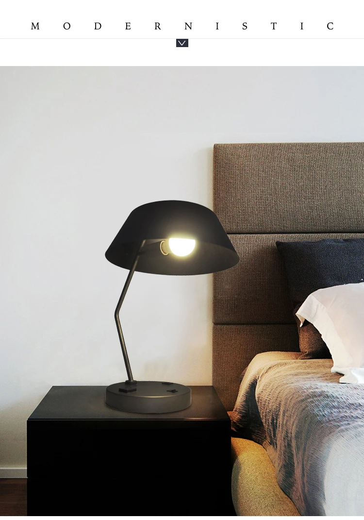 E26 40W contemporary metal reading black bedside lamp led luxury table lamp