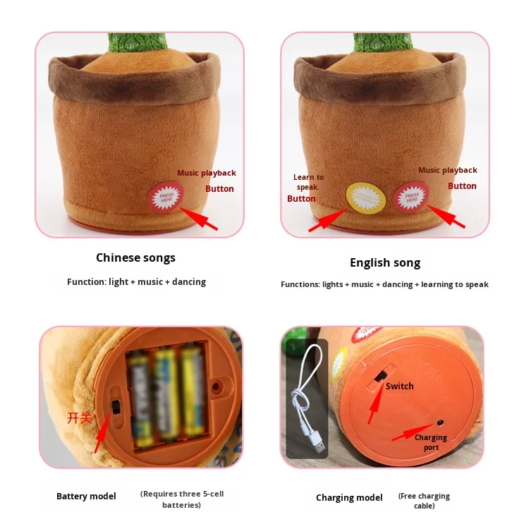 热销电动秋千跳舞仙人掌播放音乐唱歌跳舞毛绒植物婴儿玩具中国工厂毛绒玩具