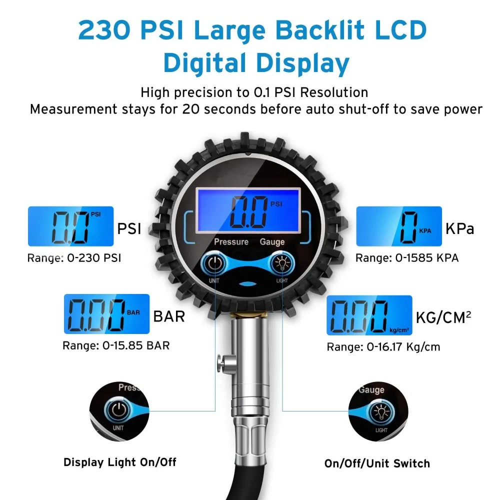 Digitale Reifen Manometer 230 Psi Mit Backlit Lcd Display