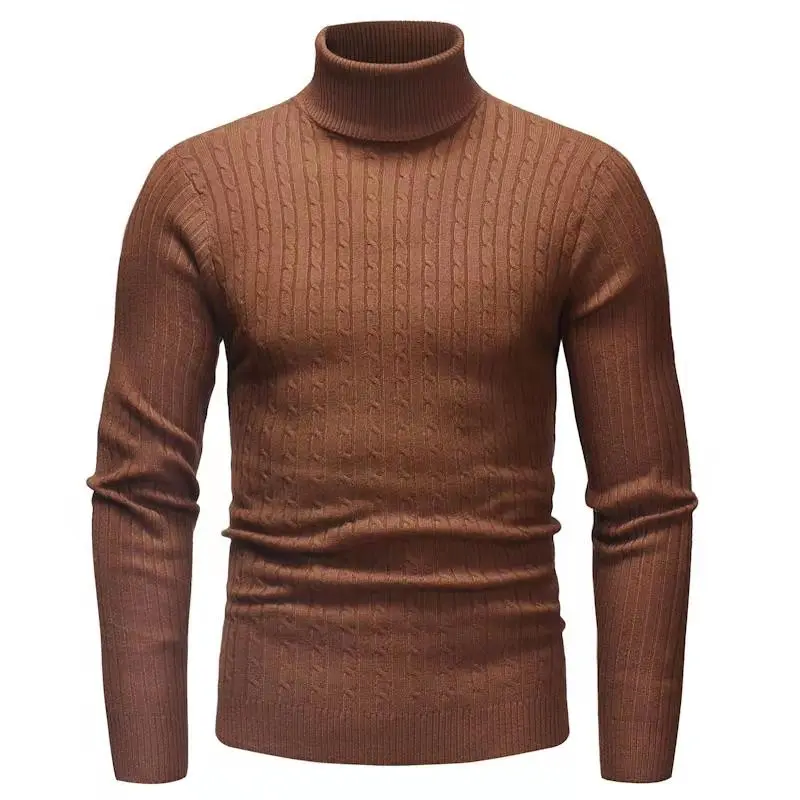 Turtleneck Brown Long Sleeve Ribbed Winter Pullover Cable Knit Sweater ...