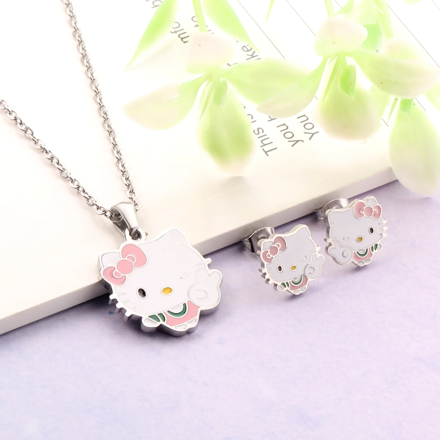 儿童珠宝产品卡通首饰套装小猫吊坠项链耳环首饰套装为孩子们