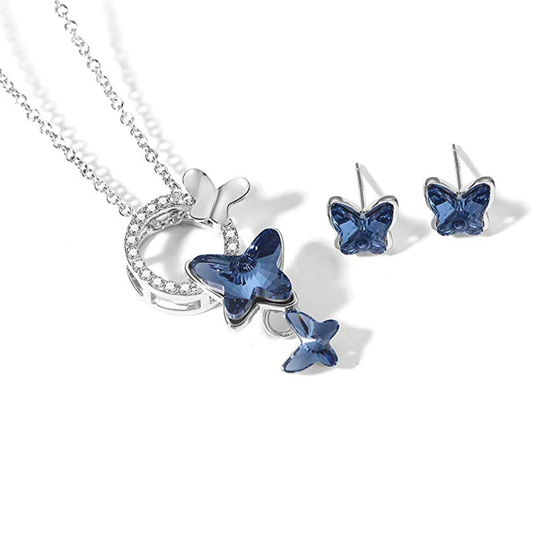 Blue Butterfly Crystal Jewelry Set Pendant Necklace And Stud Earrings