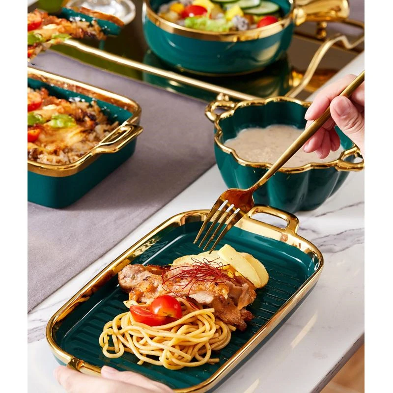 Luxury Ceramic Phnom Penh Dinner Plate Salad Steak Plate Binaural Baking Pan Dish Soup Bowl Single Handle Bowl Kitchen Tableware factory