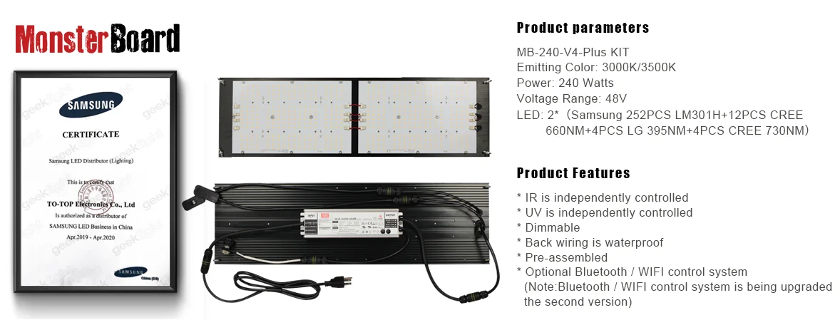 geeklight hlg 240 monster board v4 plus lm301h cree 660nm with lg uv cree ir separate control indoor grow lights