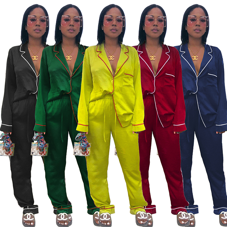 
Summer Fashion V-neck Women sleepwear Long Sleeve Loungewear Two Piece Pajamas 