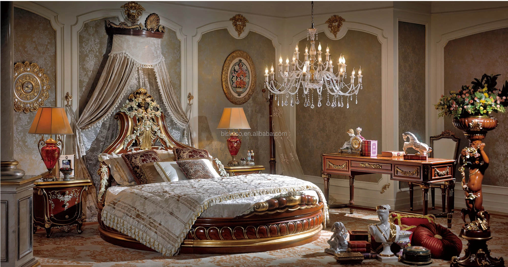 Italy Rococo Home Bedroom Furniture Luxury Solid Wood Carving Round Bed ...