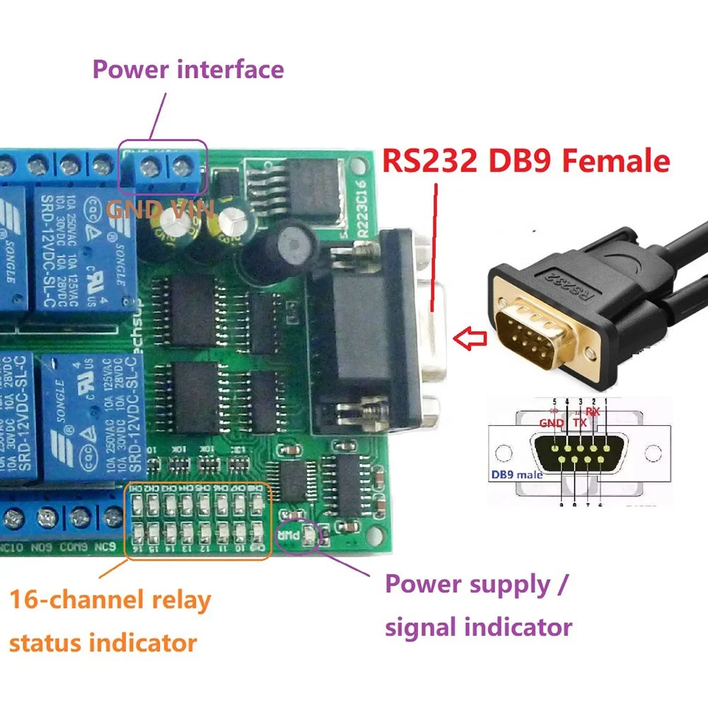 Taidacent RS232 Relay Module - 16 Channel Remote Control
