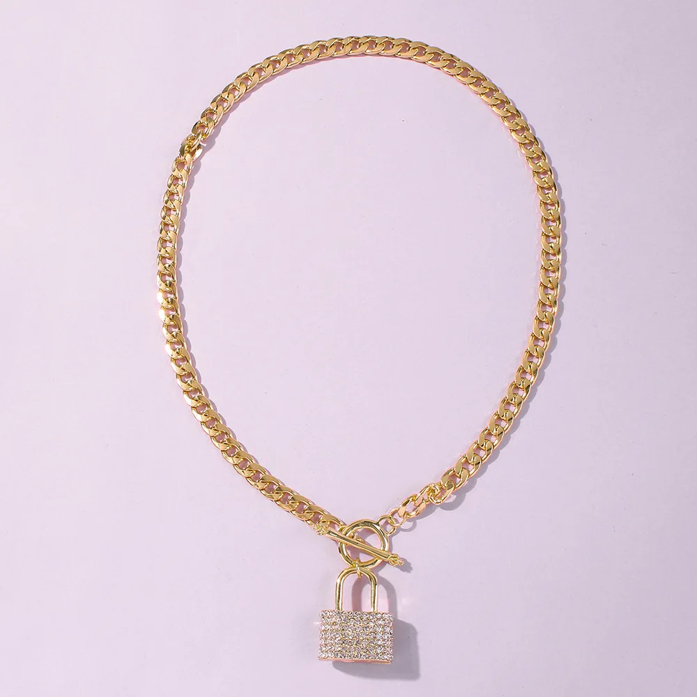 Fashion Diamond Rhinestone Lock Pendant Long Gold Chain Necklace ...