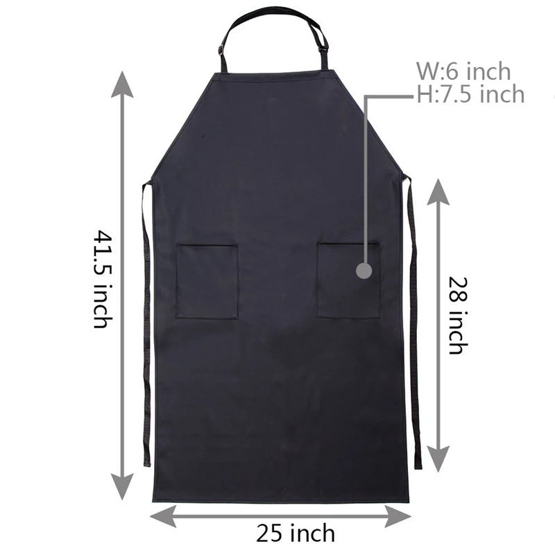 Long Adjustable Bib Black Waterproof Apron with 2 Pockets
