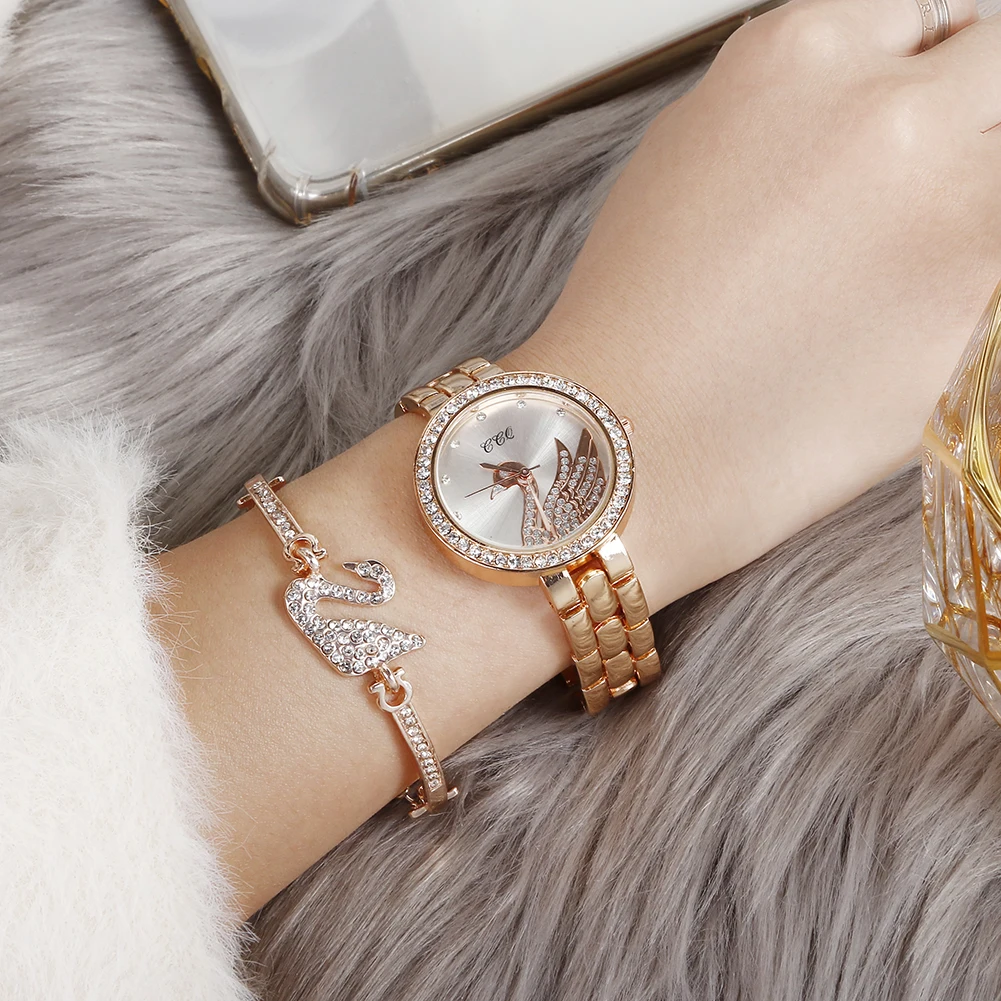 2 PCS Jewelry Set Steel Watch Ladies Quartz Crystal Dial Swan Watches Stylish TW468