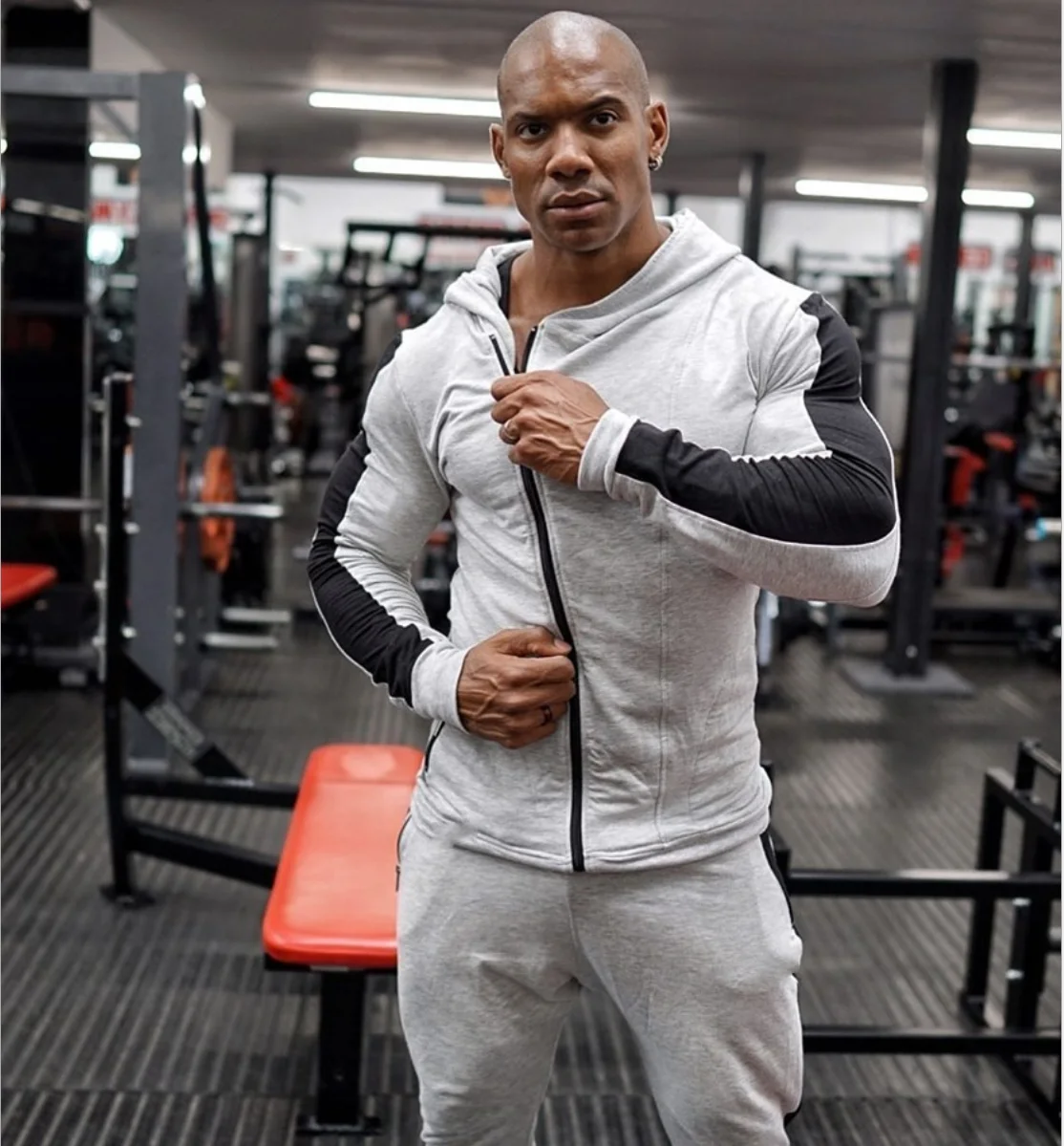 时尚独特的舒适拉链帽衫慢跑运动西装男士健身服服装