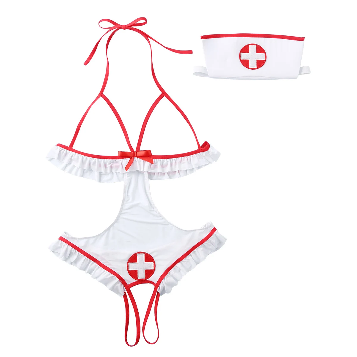 Les Femmes Entrejambe Infirmière Uniforme Costume Cosplay Combinaison Bandeau Tenue Lingerie 