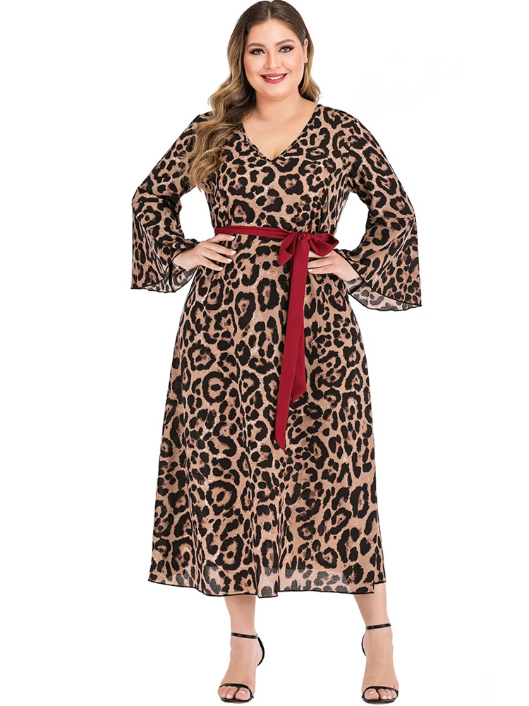 Spring Women Loose Long Sleeve V Neck Red Tie Lace Up Sexy Plus Size Leopard Maxi Dress