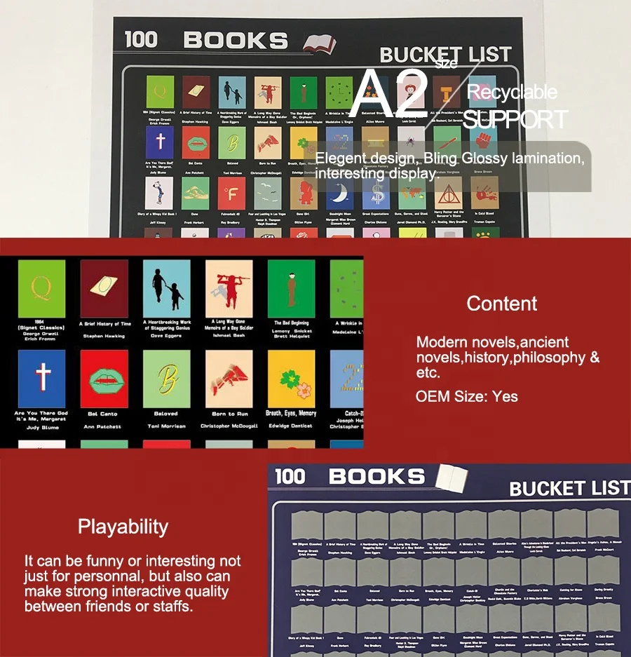 Wholesale elegant design scratch off poster 100 books poster for gift for Amazon sale