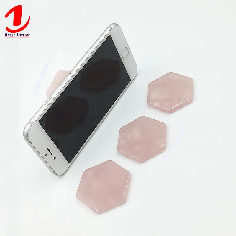 

Hexagon Rose Quartz Adhesive Collapsible Retractable Handset Stick Promotional Stand Socket Cell Phone Holder, Pink