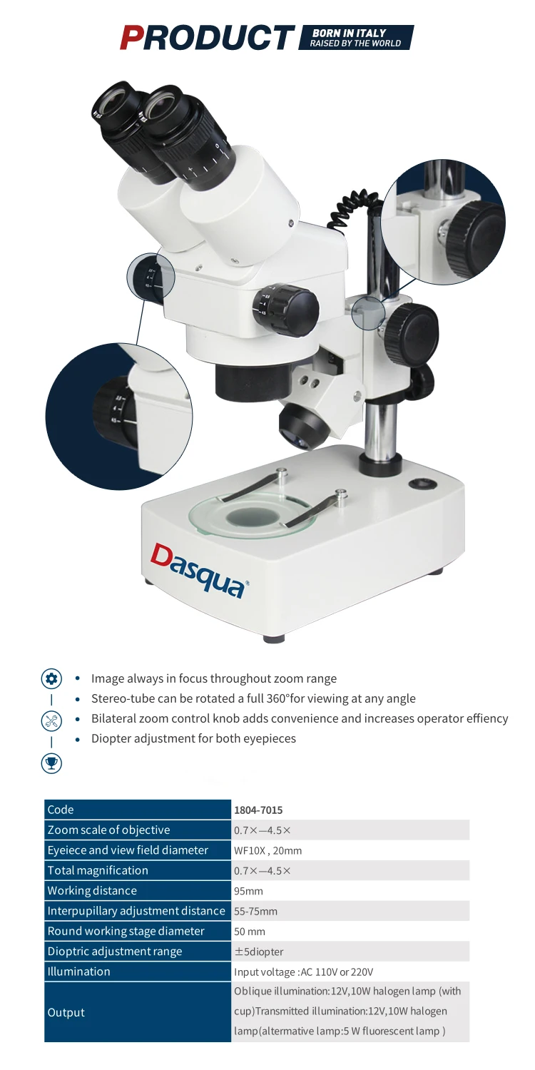 Dasqua 360 Degree Rotating Viewing Bilateral Zoom Control Knob 0.7x-4.5x Stereo Zoom Microscope