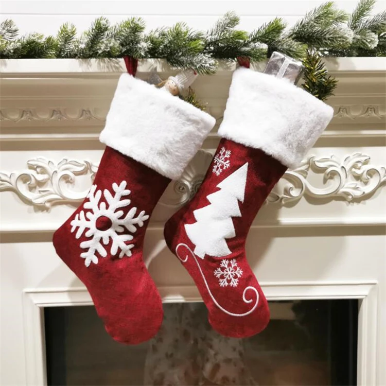 Details about   Christmas Red Stocking Gift Bag Christmas Socks Linen Elk Embroidered 2020 