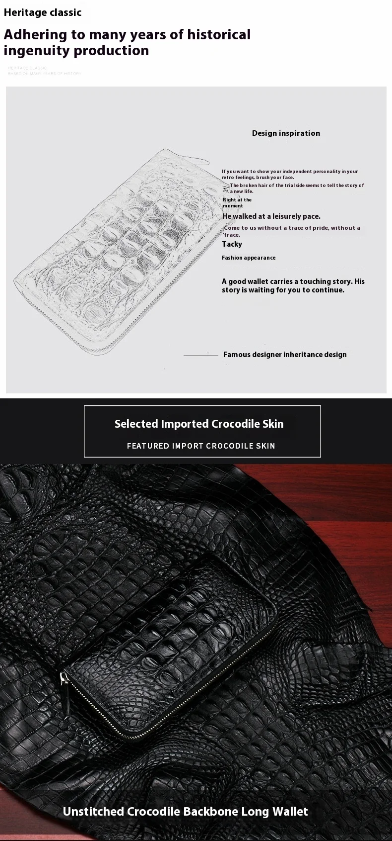 Wholesale Men's Genuine Siamese Crocodile Leather Clutch Bag Long Wallet Small Handbag with Zipper Closure Alligator Pattern