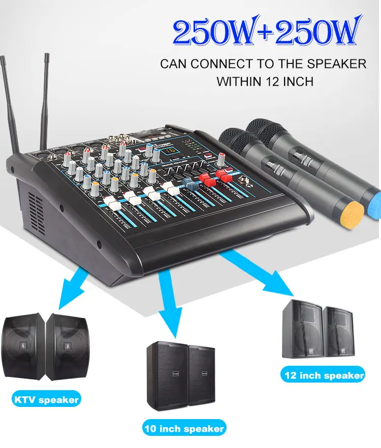 Professional build-in power amplifier 4 channel audio mixer with wireless microphone