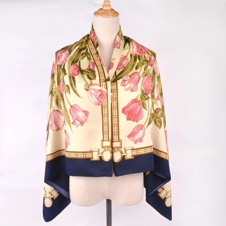 Top Quality FENNYSUN 130*130cm Large Square Flower Slik Polyester Shawl Custom Satin Dresses With Scarf For Women